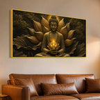 Meditating Buddha with Glowing Lotus Metallic Look 3D Canvas Wall Painting