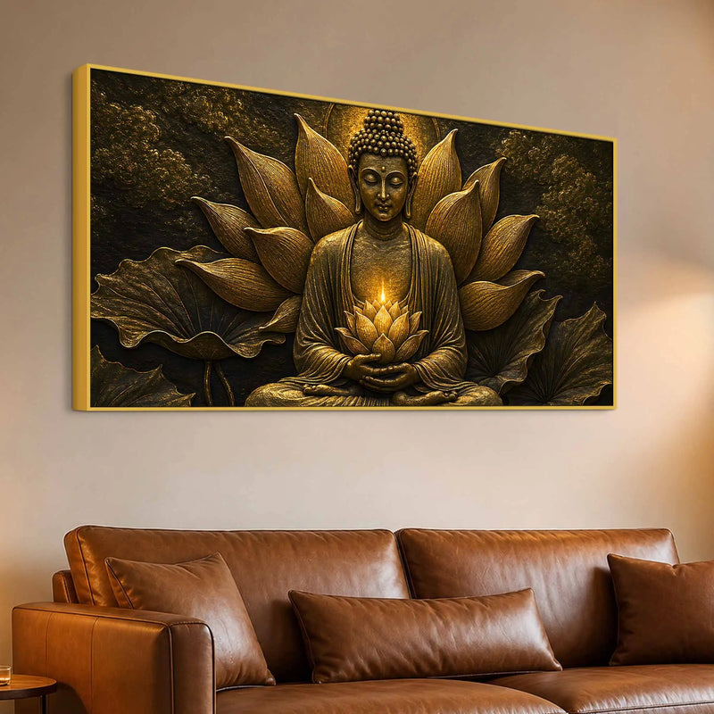 Meditating Buddha with Glowing Lotus Metallic Look 3D Canvas Wall Painting