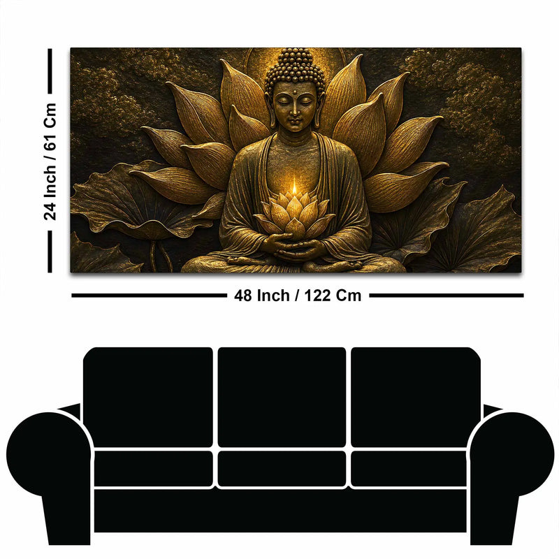 Meditating Buddha with Glowing Lotus Metallic Look 3D Canvas Wall Painting