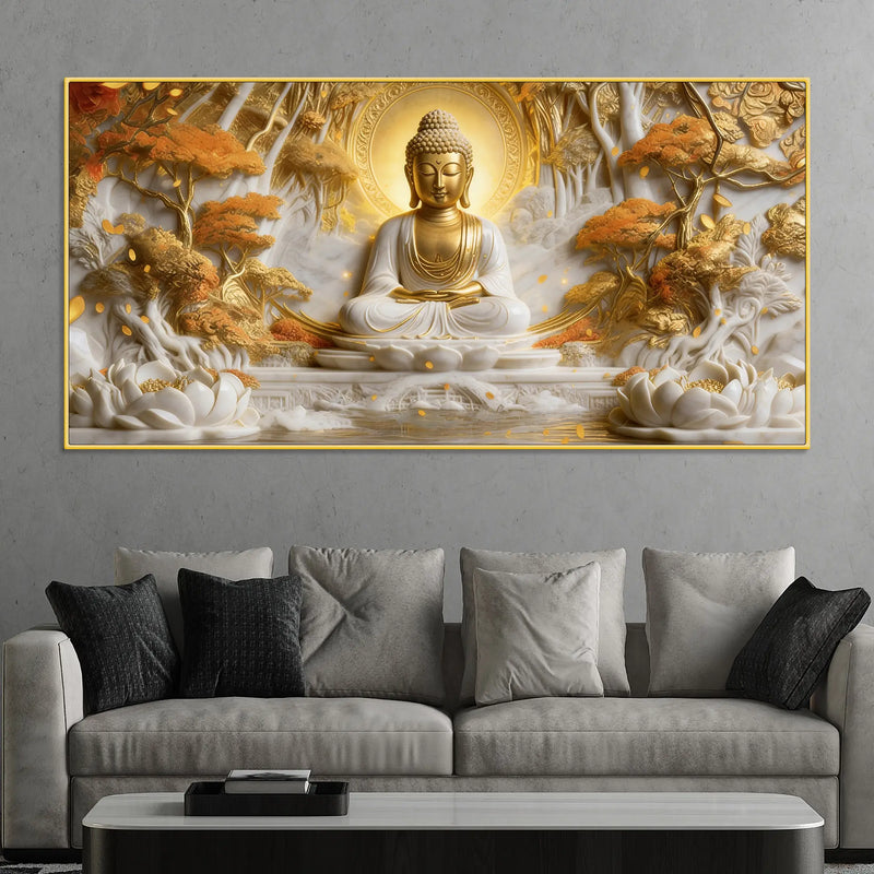 Meditating Buddha with Golden Aura 3D Canvas Wall Painting