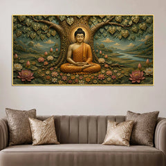 Meditating Lord Buddha Under Bodhi Tree 3D Bas-Relief Type Canvas Wall Painting