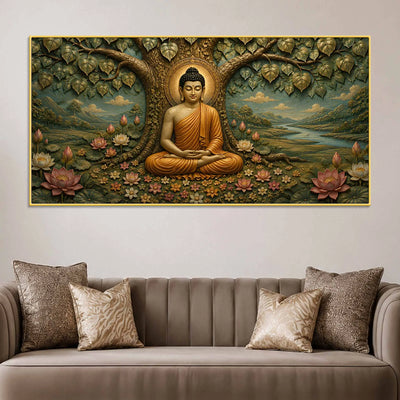 Meditating Lord Buddha Under Bodhi Tree 3D Bas-Relief Type Canvas Wall Painting