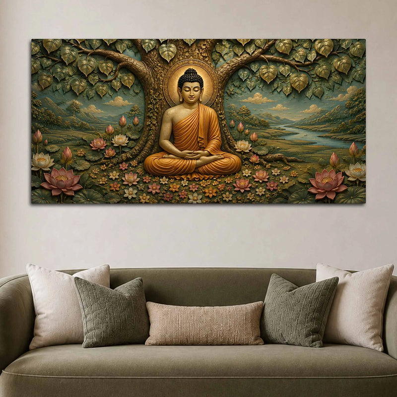 Meditating Lord Buddha Under Bodhi Tree 3D Bas-Relief Type Canvas Wall Painting