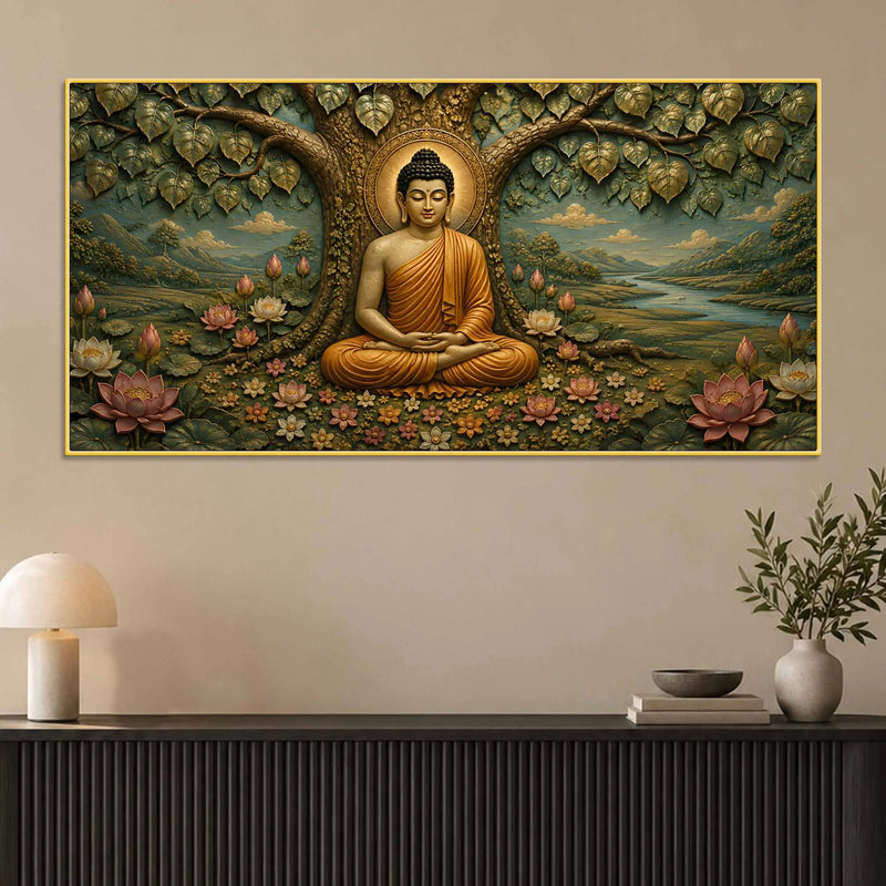 Meditating Lord Buddha Under Bodhi Tree 3D Bas-Relief Type Canvas Wall Painting