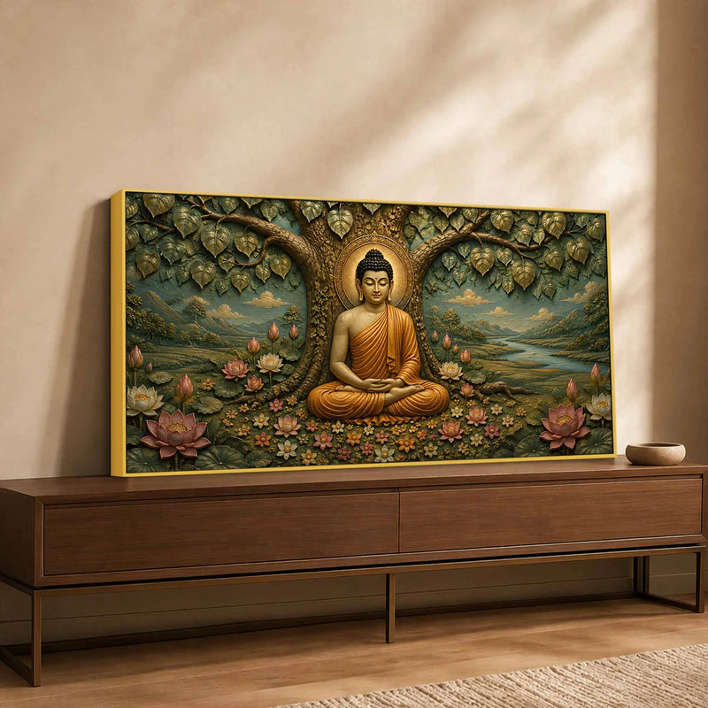Meditating Lord Buddha Under Bodhi Tree 3D Bas-Relief Type Canvas Wall Painting