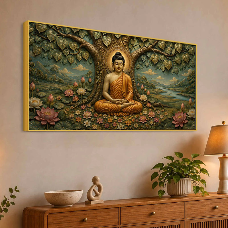 Meditating Lord Buddha Under Bodhi Tree 3D Bas-Relief Type Canvas Wall Painting