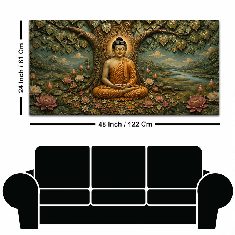 Meditating Lord Buddha Under Bodhi Tree 3D Bas-Relief Type Canvas Wall Painting