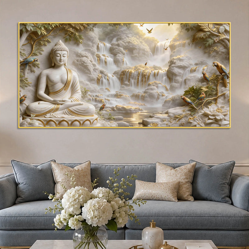 Meditating Lord Buddha with Birds & Waterfall 3D Canvas Wall Painting