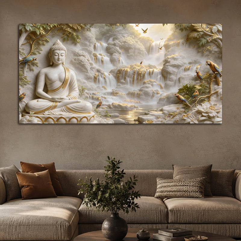 Meditating Lord Buddha with Birds & Waterfall 3D Canvas Wall Painting