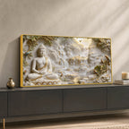 Meditating Lord Buddha with Birds & Waterfall 3D Canvas Wall Painting