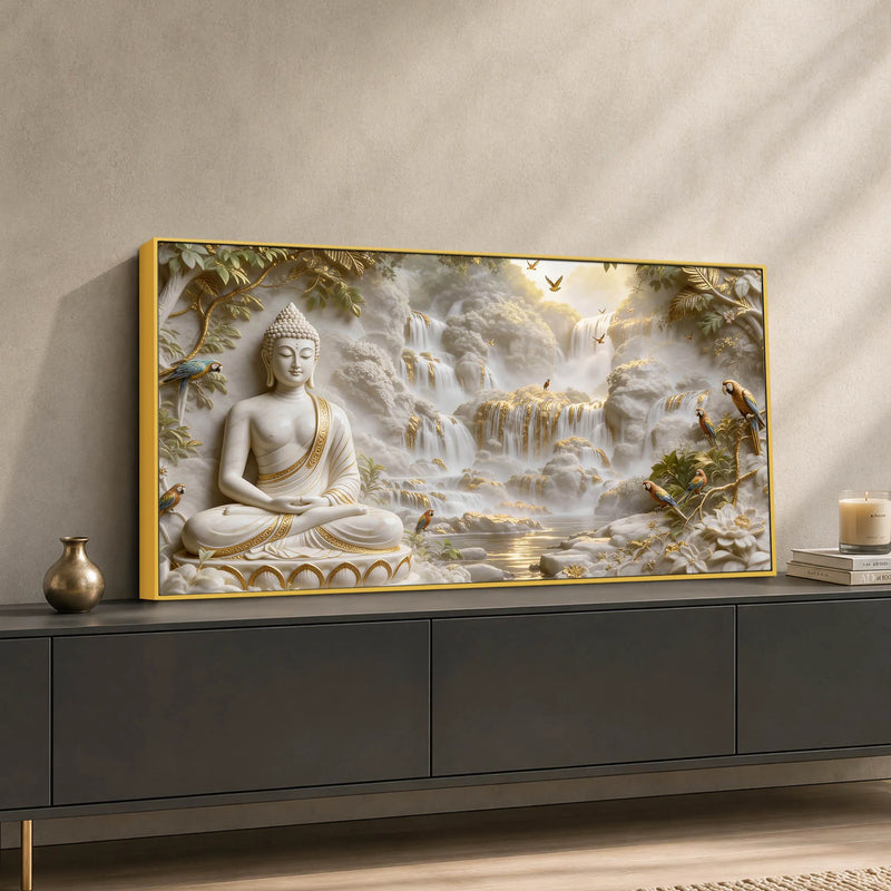 Meditating Lord Buddha with Birds & Waterfall 3D Canvas Wall Painting