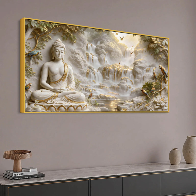 Meditating Lord Buddha with Birds & Waterfall 3D Canvas Wall Painting