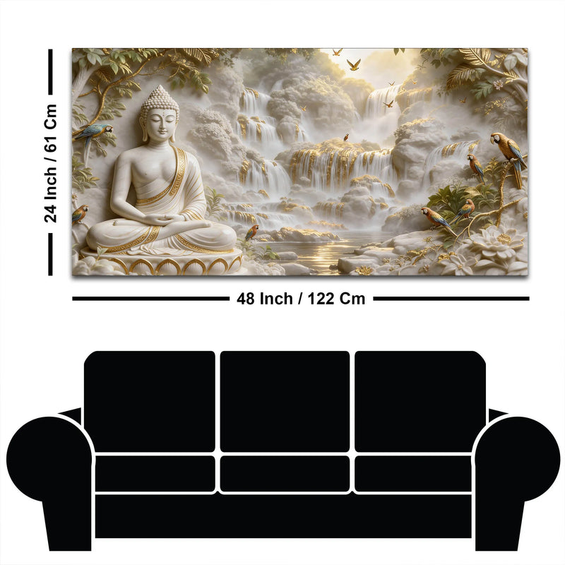Meditating Lord Buddha with Birds & Waterfall 3D Canvas Wall Painting