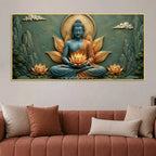 Meditating Lord Buddha with Golden Lotus in Hand 3D Bas-Relief Type Canvas Wall Painting
