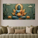 Meditating Lord Buddha with Golden Lotus in Hand 3D Bas-Relief Type Canvas Wall Painting