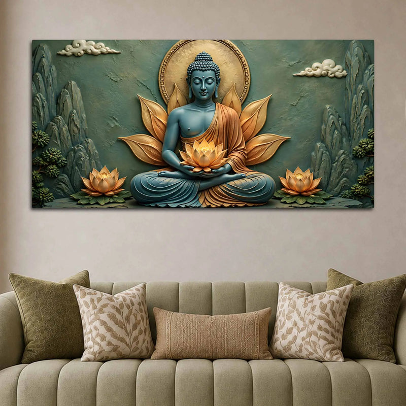 Meditating Lord Buddha with Golden Lotus in Hand 3D Bas-Relief Type Canvas Wall Painting