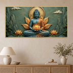 Meditating Lord Buddha with Golden Lotus in Hand 3D Bas-Relief Type Canvas Wall Painting
