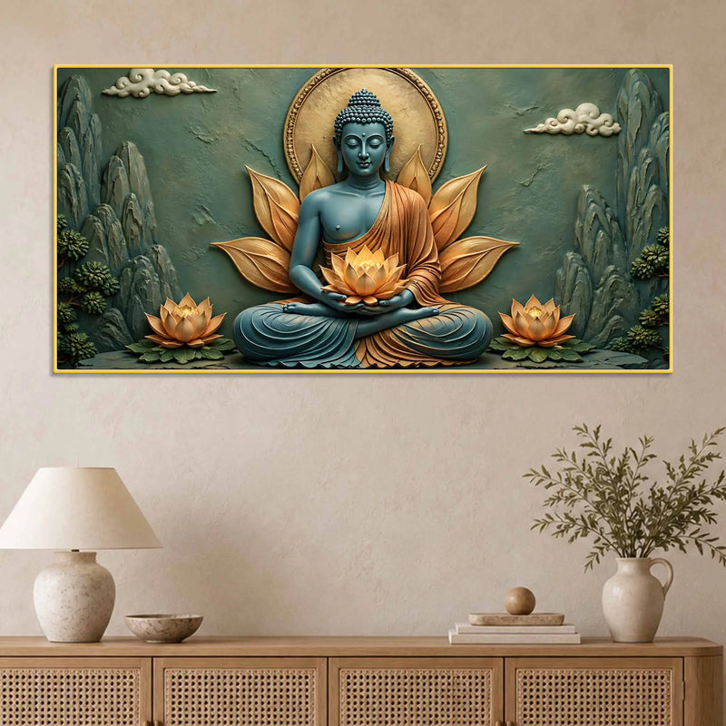 Meditating Lord Buddha with Golden Lotus in Hand 3D Bas-Relief Type Canvas Wall Painting