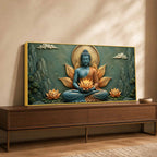 Meditating Lord Buddha with Golden Lotus in Hand 3D Bas-Relief Type Canvas Wall Painting
