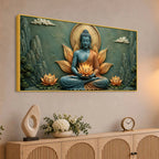 Meditating Lord Buddha with Golden Lotus in Hand 3D Bas-Relief Type Canvas Wall Painting