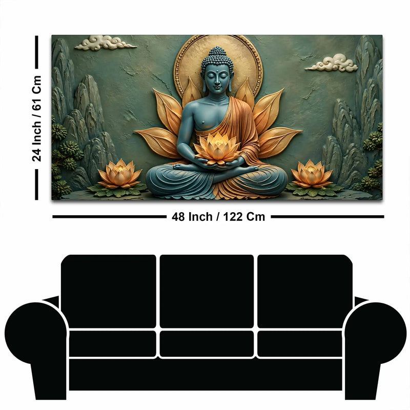 Meditating Lord Buddha with Golden Lotus in Hand 3D Bas-Relief Type Canvas Wall Painting
