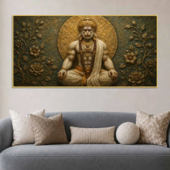 Meditating Lord Hanuman Ji 3D Bas-Relief Type Canvas Wall Painting