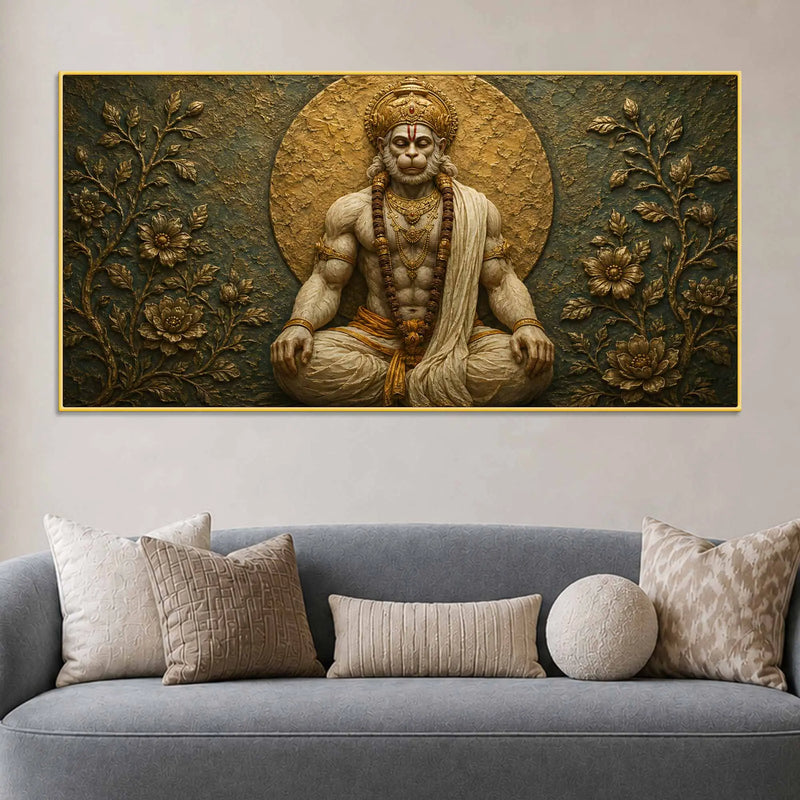 Meditating Lord Hanuman Ji 3D Bas-Relief Type Canvas Wall Painting