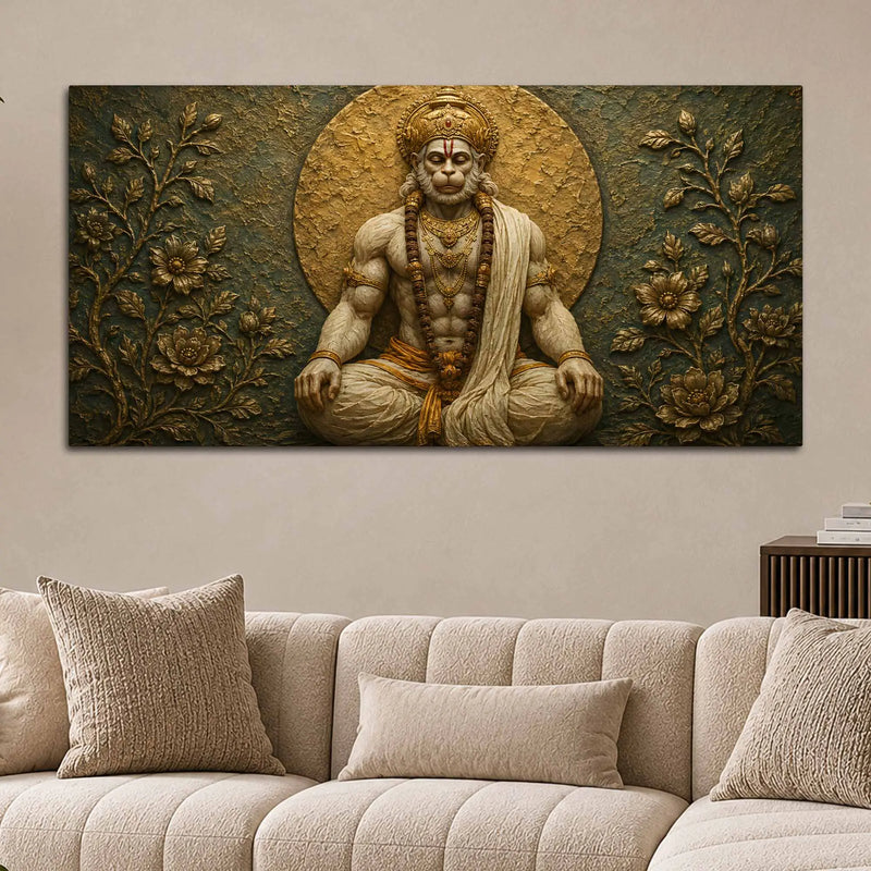 Meditating Lord Hanuman Ji 3D Bas-Relief Type Canvas Wall Painting