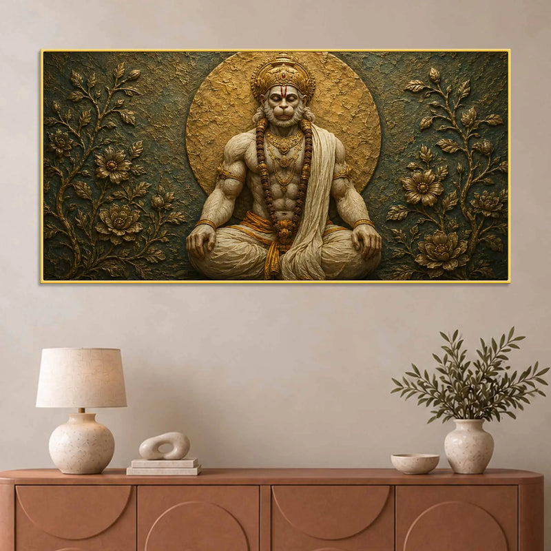 Meditating Lord Hanuman Ji 3D Bas-Relief Type Canvas Wall Painting