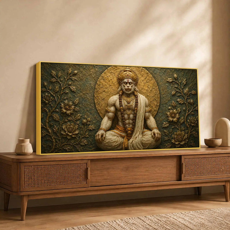 Meditating Lord Hanuman Ji 3D Bas-Relief Type Canvas Wall Painting