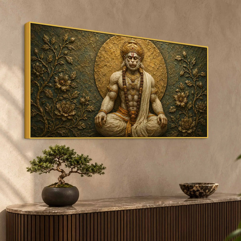 Meditating Lord Hanuman Ji 3D Bas-Relief Type Canvas Wall Painting