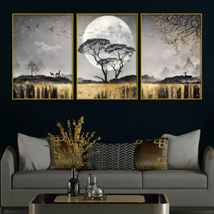 mesmerizing-full-moon-tree-golden-waterfall-floating-frame-crystal-wall-painting-set-of-3