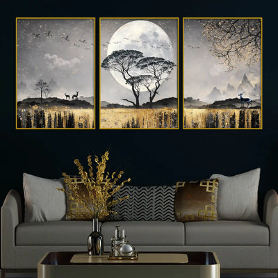 mesmerizing-full-moon-tree-golden-waterfall-floating-frame-crystal-wall-painting-set-of-3