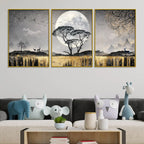 Mesmerizing Full Moon Tree & Golden Waterfall Floating Frame Crystal Wall Painting Set of 3