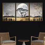 Mesmerizing Full Moon Tree & Golden Waterfall Floating Frame Crystal Wall Painting Set of 3