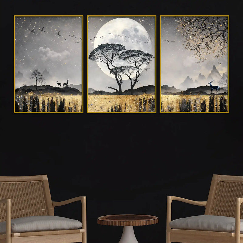 Mesmerizing Full Moon Tree & Golden Waterfall Floating Frame Crystal Wall Painting Set of 3