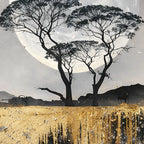 Mesmerizing Full Moon Tree & Golden Waterfall Floating Frame Crystal Wall Painting Set of 3