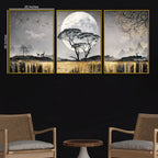 Mesmerizing Full Moon Tree & Golden Waterfall Floating Frame Crystal Wall Painting Set of 3