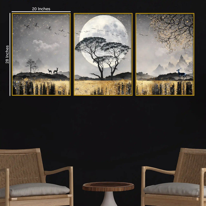 Mesmerizing Full Moon Tree & Golden Waterfall Floating Frame Crystal Wall Painting Set of 3