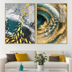 Mesmerizing Teal and Gold Ocean Abstract Acrylic Floating Wall Painting Set of 2