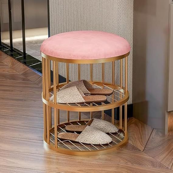 Metal Frame Shoe Bench Rack with Pink Padded Seat