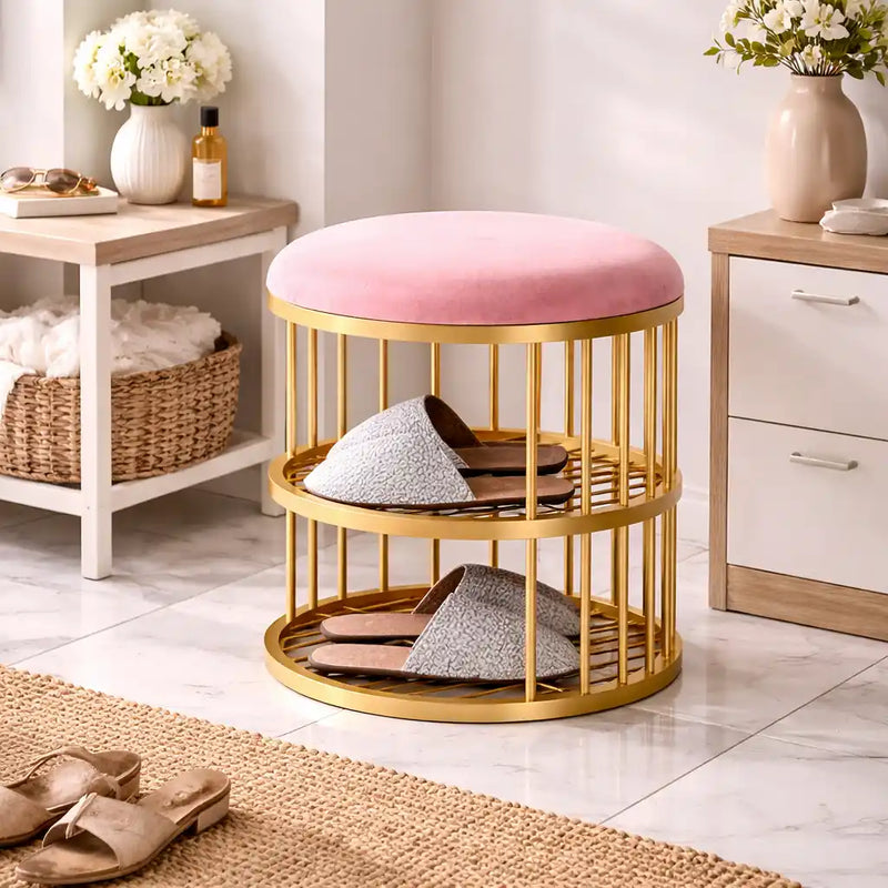 Metal Frame Shoe Bench Rack with Pink Padded Seat