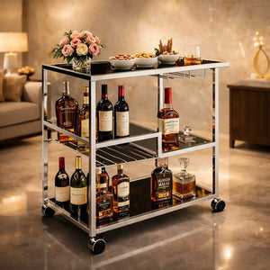 Metallic Minimalist Frame Design Bar Cart Trolley with Glass Shelves