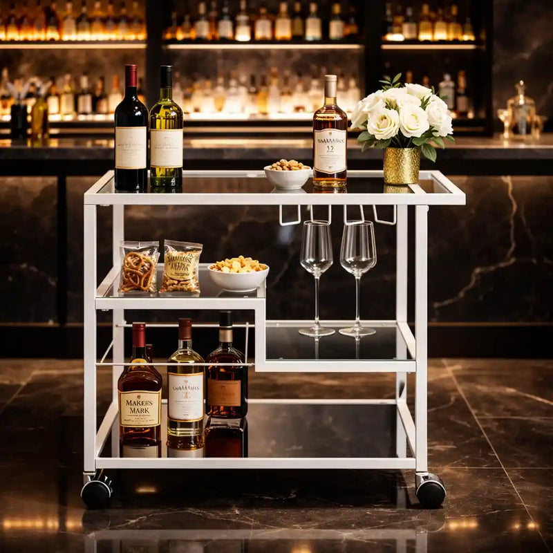 Metallic Minimalist Frame Design Bar Cart Trolley with Glass Shelves