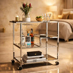 Metallic Minimalist Frame Design Bar Cart Trolley with Glass Shelves