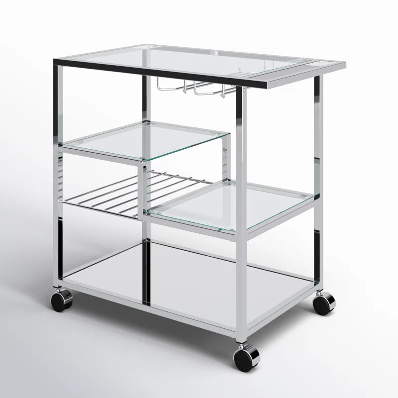 Metallic Minimalist Frame Design Bar Cart Trolley with Glass Shelves