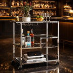 Metallic Minimalist Frame Design Bar Cart Trolley with Glass Shelves