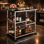 Metallic Minimalist Frame Design Bar Cart Trolley with Glass Shelves