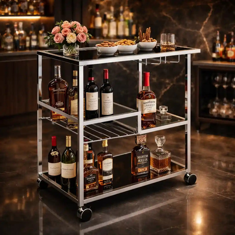 Metallic Minimalist Frame Design Bar Cart Trolley with Glass Shelves
