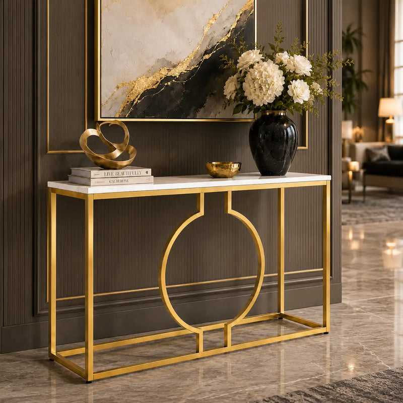Metallic Ring Console Table with White Marble Table Top